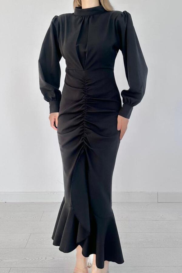 Siyah Volanlı Uzun Kol Elbise - 3