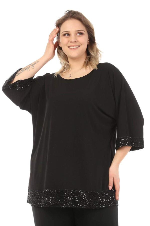 Plus Size Tunic with Sequined Sleeves and Skirt Black - 1