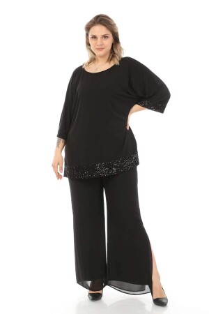 Plus Size Tunic with Sequined Sleeves and Skirt Black - 2