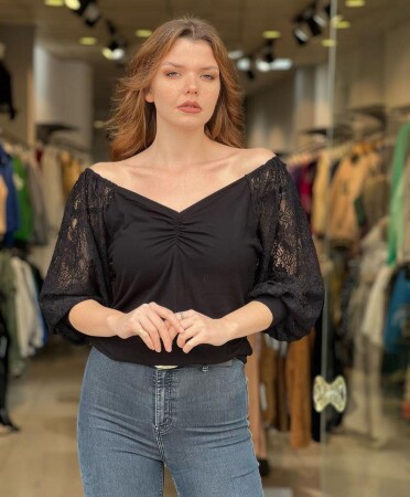 Lace Sleeve Gather Detailed Blouse - 1