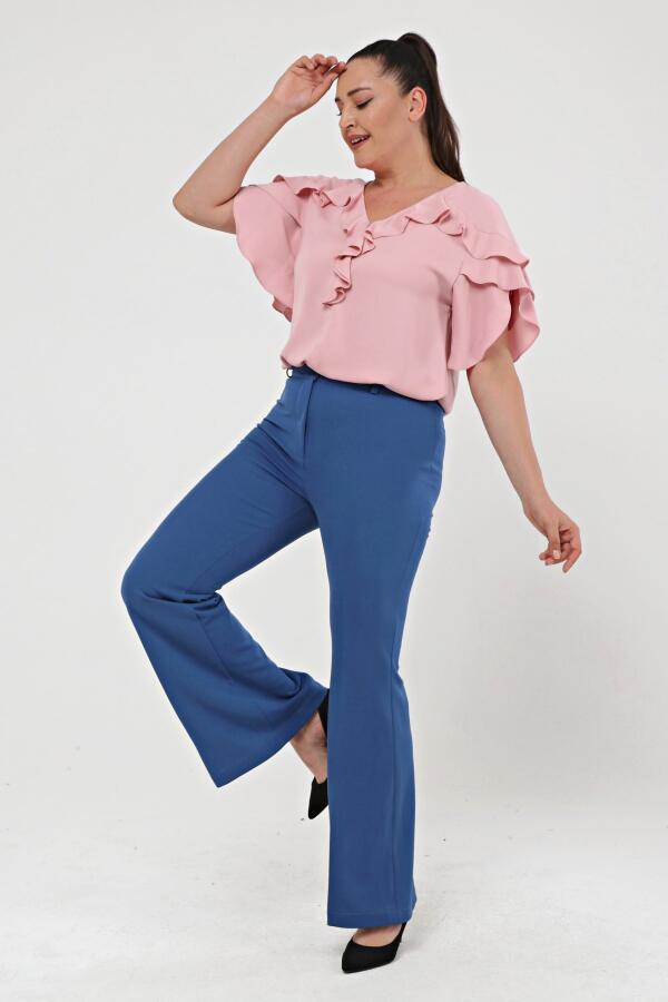 Flare Leg Plus Size Crepe Trousers Blue - 3