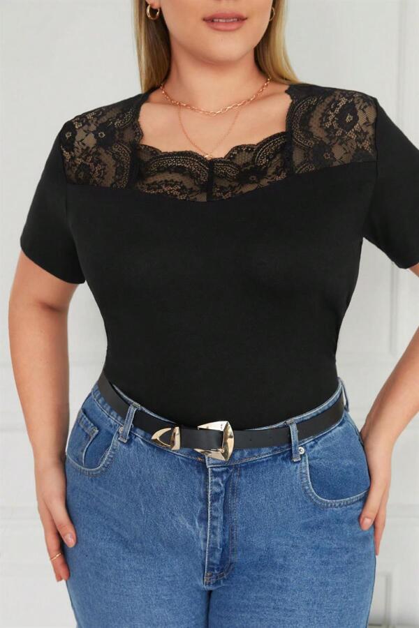 Square Neck Lace Plus Size Blouse Black - 1