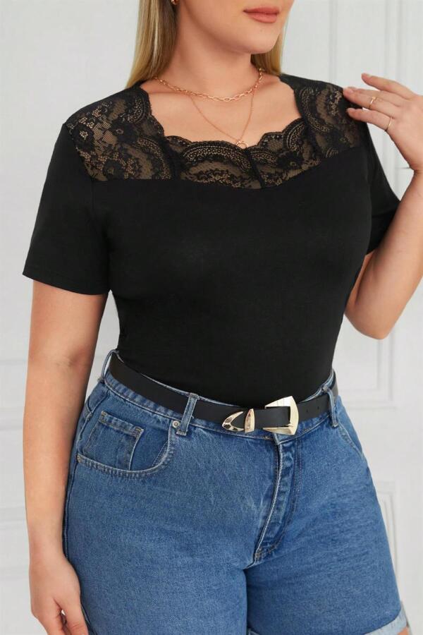 Square Neck Lace Plus Size Blouse Black - 2