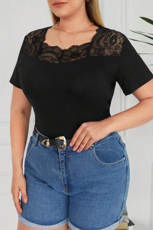 Square Neck Lace Plus Size Blouse Black - 3