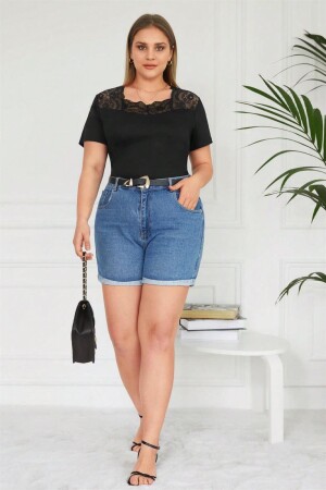 Square Neck Lace Plus Size Blouse Black - 4