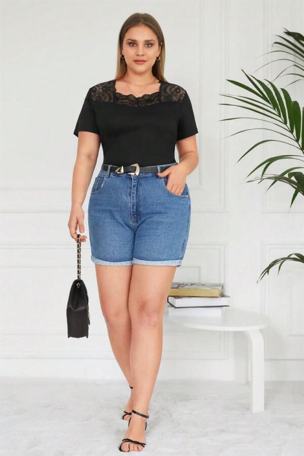 Square Neck Lace Plus Size Blouse Black - 4