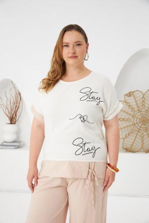 Stay Yazılı Büyük Beden Bluz-Pantolon Takım Krem - 2