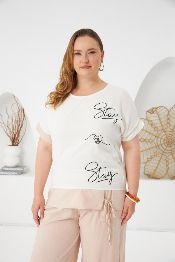 Stay Yazılı Büyük Beden Bluz-Pantolon Takım Krem - 2
