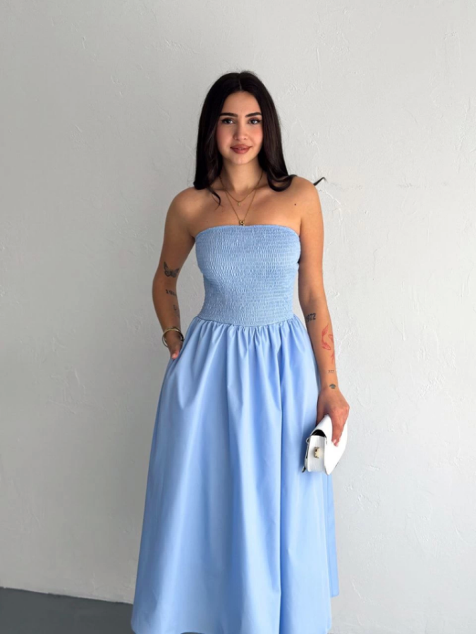 Straplez Pileli Elbise - Açık Mavi - 2