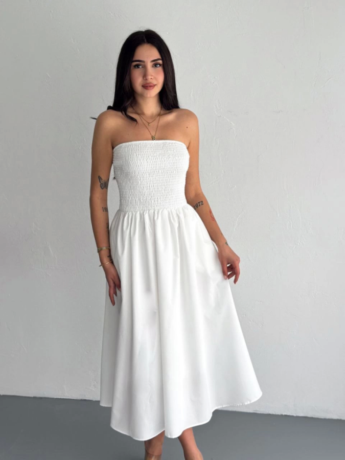 Straplez Pileli Elbise - Beyaz - 4