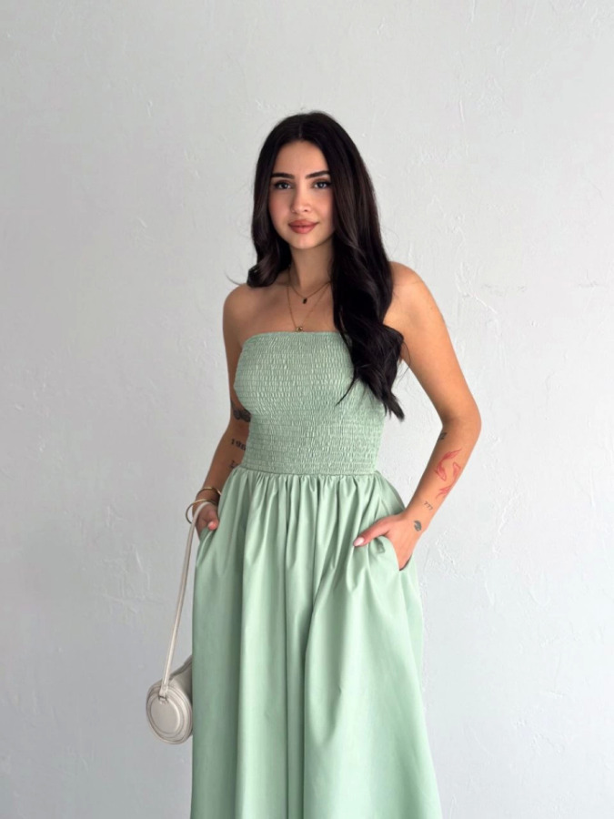 Straplez Pileli Elbise - Su Yeşili - 1