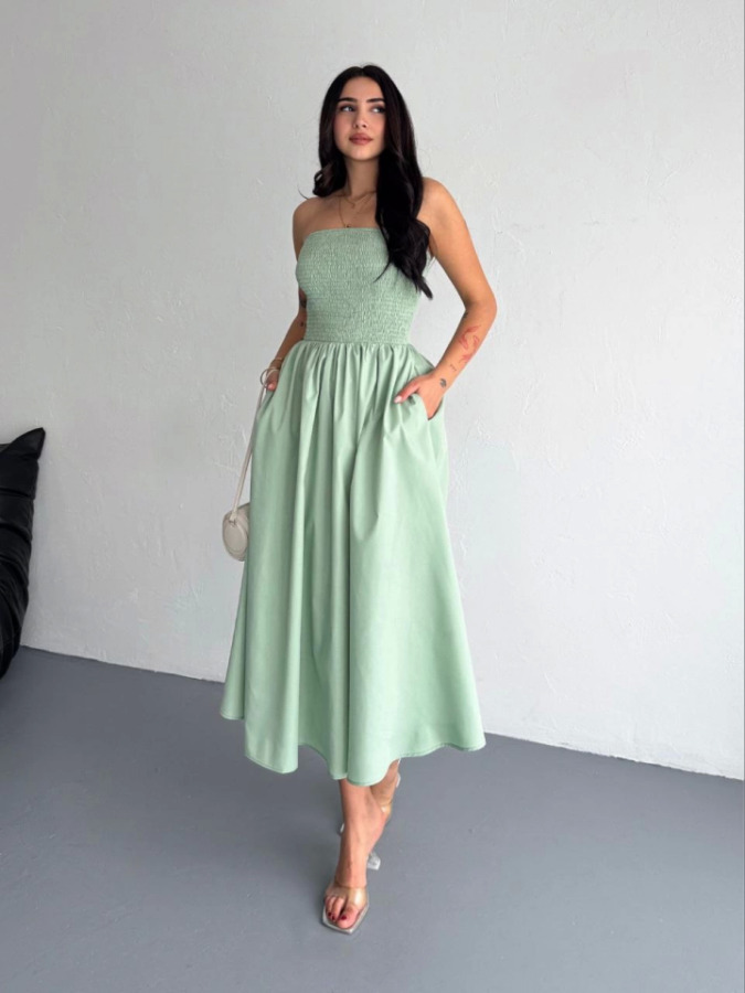 Straplez Pileli Elbise - Su Yeşili - 3