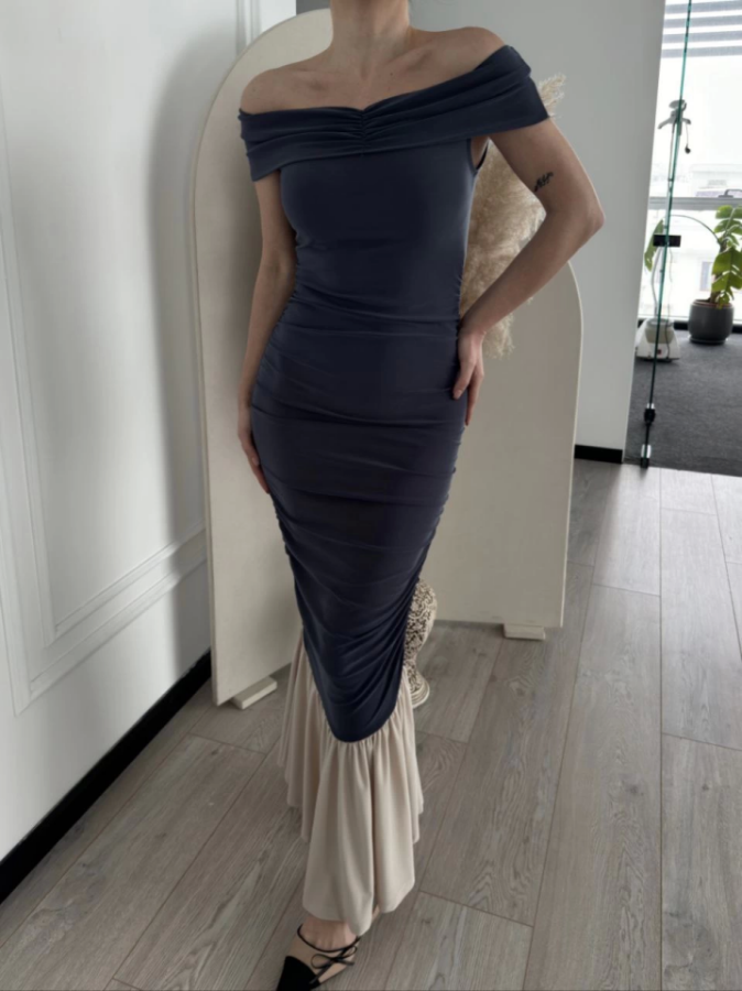 Striptiz Omuzlu Uzun Elbise- Füme - 4