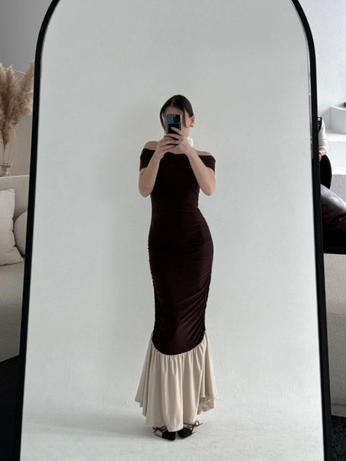 Striptiz Omuzlu Uzun Elbise- Kahve - 3
