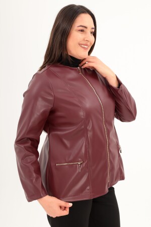 Trend42plus Suni Deri Bordo Büyük Beden Ceket - 3