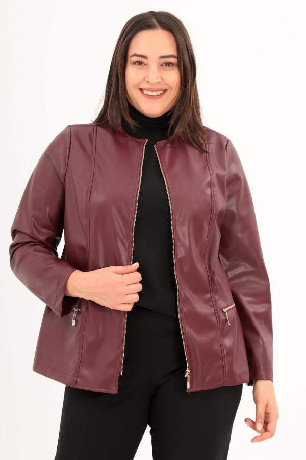 Trend42plus Suni Deri Bordo Büyük Beden Ceket - 4
