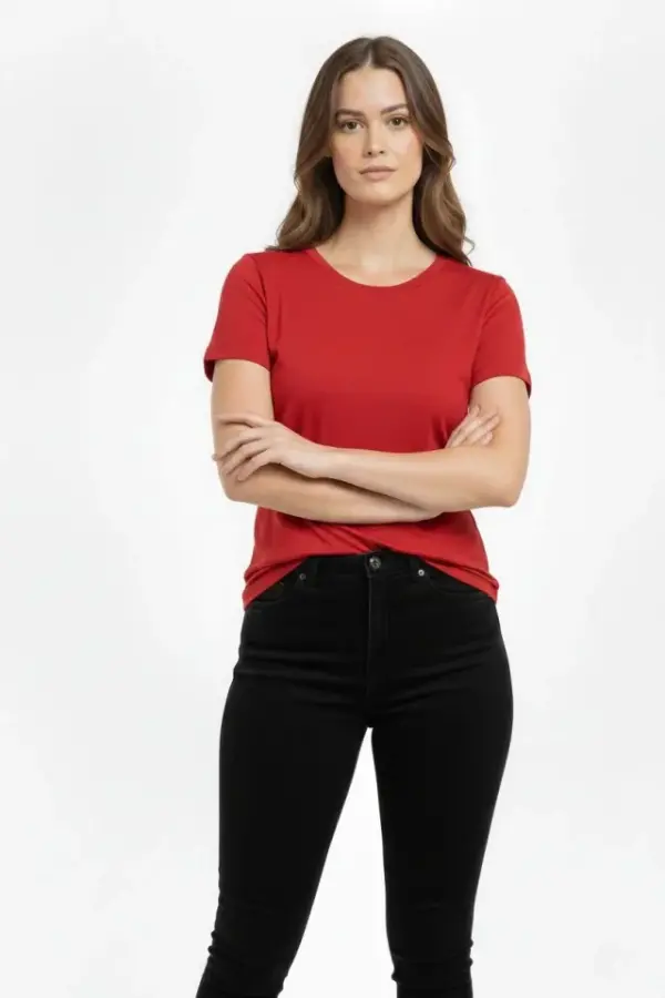 T-Shirt Bisiklet Yaka Slim Fit Likralı Tişört Günlük Basic Body - Kırmızı - 1