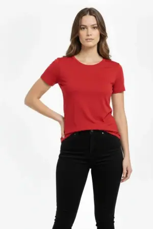 T-Shirt Bisiklet Yaka Slim Fit Likralı Tişört Günlük Basic Body - Kırmızı - 2