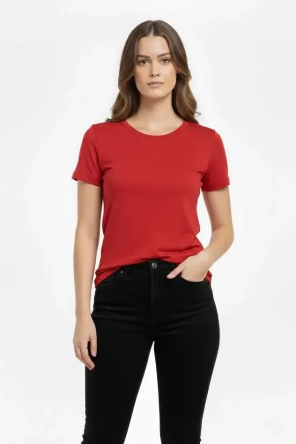 T-Shirt Bisiklet Yaka Slim Fit Likralı Tişört Günlük Basic Body - Kırmızı - 3