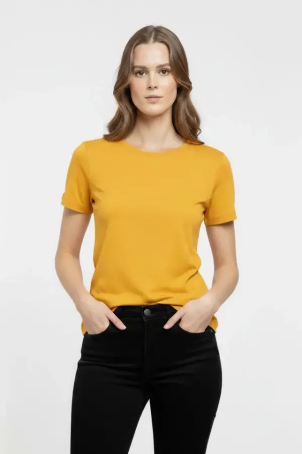 T-Shirt Bisiklet Yaka Slim Fit Likralı Tişört Günlük Basic Body - Sarı - 1