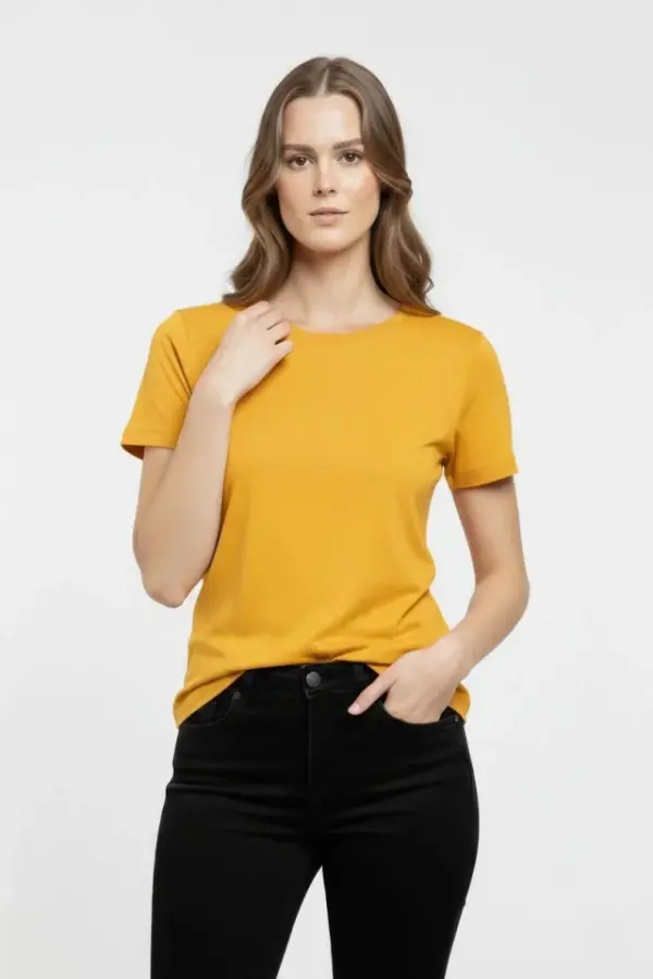 T-Shirt Bisiklet Yaka Slim Fit Likralı Tişört Günlük Basic Body - Sarı - 2