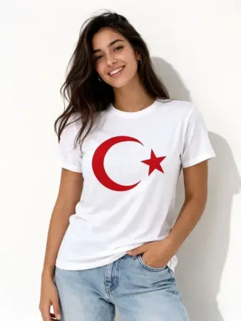 T-Shirt Kısa Kol Bisiklet Yaka Ay Yıldız Bayrak Baskılı Tişört - Beyaz - 1