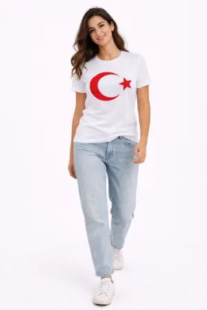 T-Shirt Kısa Kol Bisiklet Yaka Ay Yıldız Bayrak Baskılı Tişört - Beyaz - 2