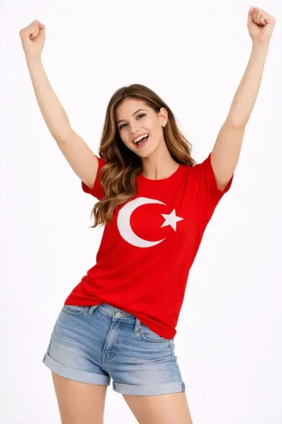 T-Shirt Kısa Kol Bisiklet Yaka Ay Yıldız Bayrak Baskılı Tişört - Kırmızı - 1