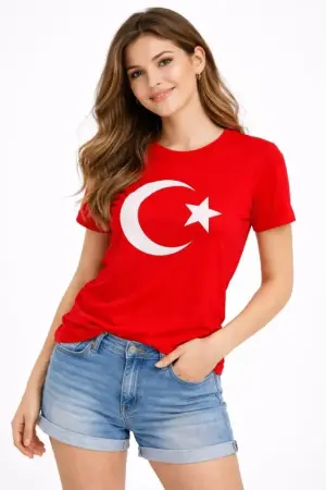 T-Shirt Kısa Kol Bisiklet Yaka Ay Yıldız Bayrak Baskılı Tişört - Kırmızı - ANGELINO BuyukBedeniz (1)