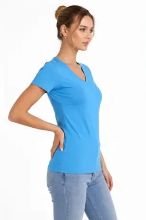 T-Shirt V Yaka Slim Fit Likralı Tişört Günlük Basic Body - Açık Mavi - 3