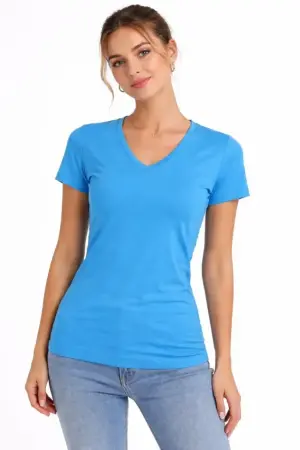 T-Shirt V Yaka Slim Fit Likralı Tişört Günlük Basic Body - Açık Mavi - 4
