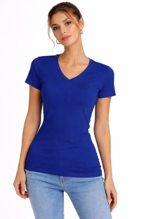 T-Shirt V Yaka Slim Fit Likralı Tişört Günlük Basic Body - İndigo - 1