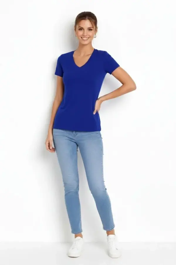 T-Shirt V Yaka Slim Fit Likralı Tişört Günlük Basic Body - İndigo - 2