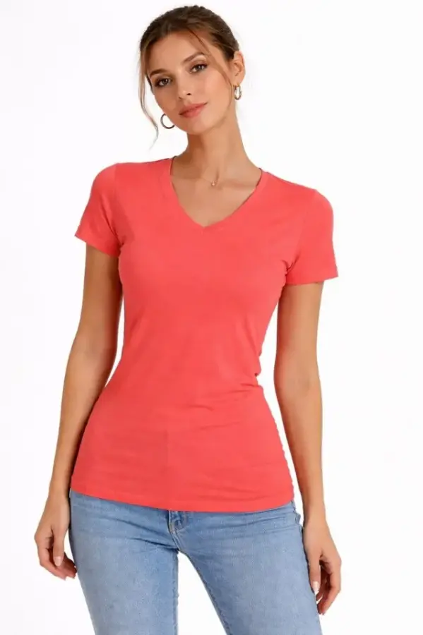 T-Shirt V Yaka Slim Fit Likralı Tişört Günlük Basic Body - Nar Çiçeği - 1