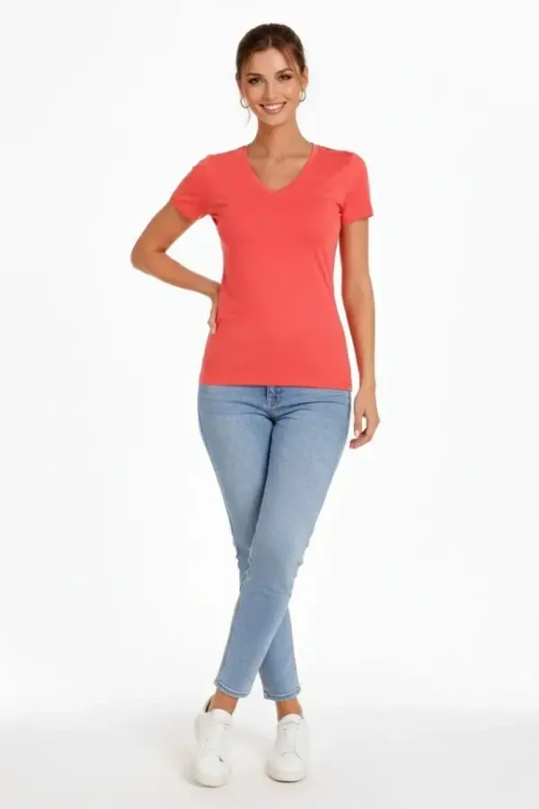 T-Shirt V Yaka Slim Fit Likralı Tişört Günlük Basic Body - Nar Çiçeği - 2