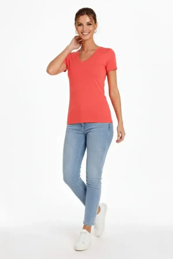 T-Shirt V Yaka Slim Fit Likralı Tişört Günlük Basic Body - Nar Çiçeği - 3