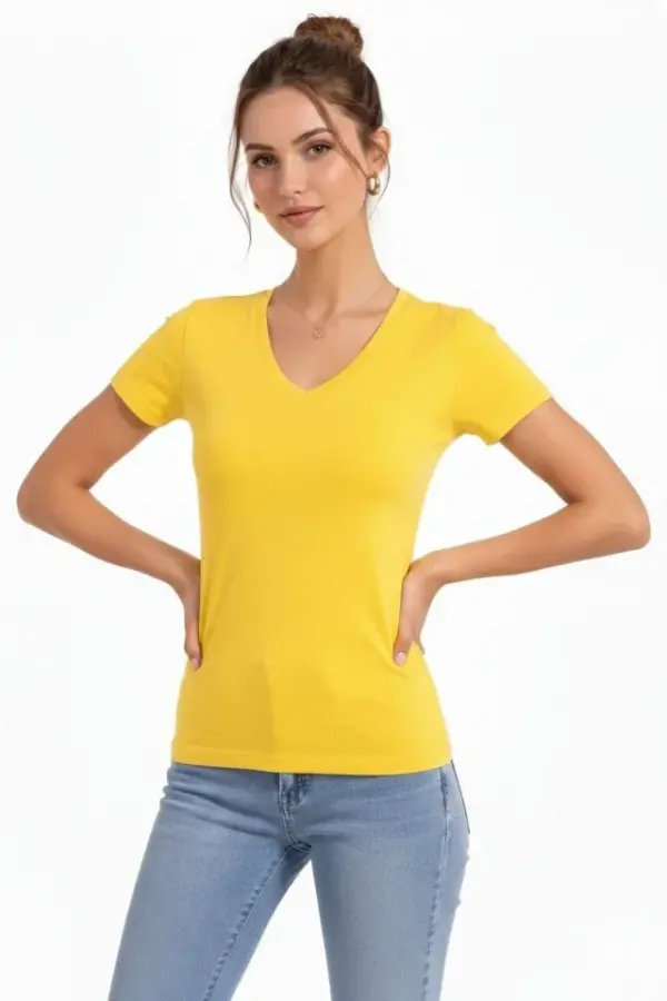 T-Shirt V Yaka Slim Fit Likralı Tişört Günlük Basic Body - Sarı - 1
