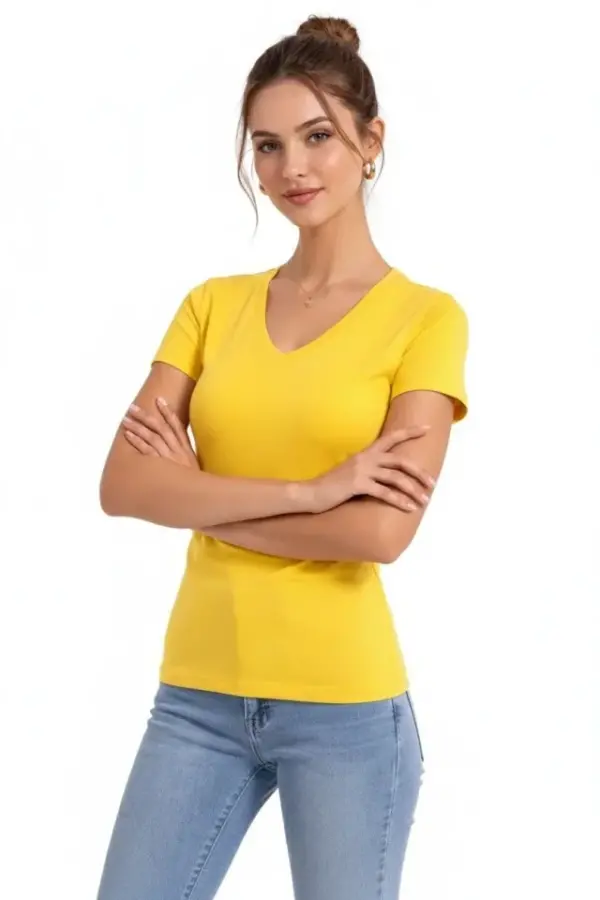 T-Shirt V Yaka Slim Fit Likralı Tişört Günlük Basic Body - Sarı - 2