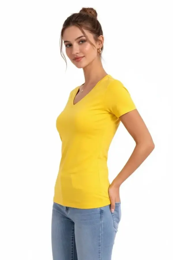 T-Shirt V Yaka Slim Fit Likralı Tişört Günlük Basic Body - Sarı - 3