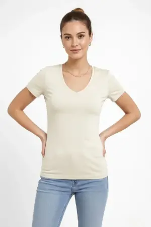 T-Shirt V Yaka Slim Fit Likralı Tişört Günlük Basic Body - Taş - 1