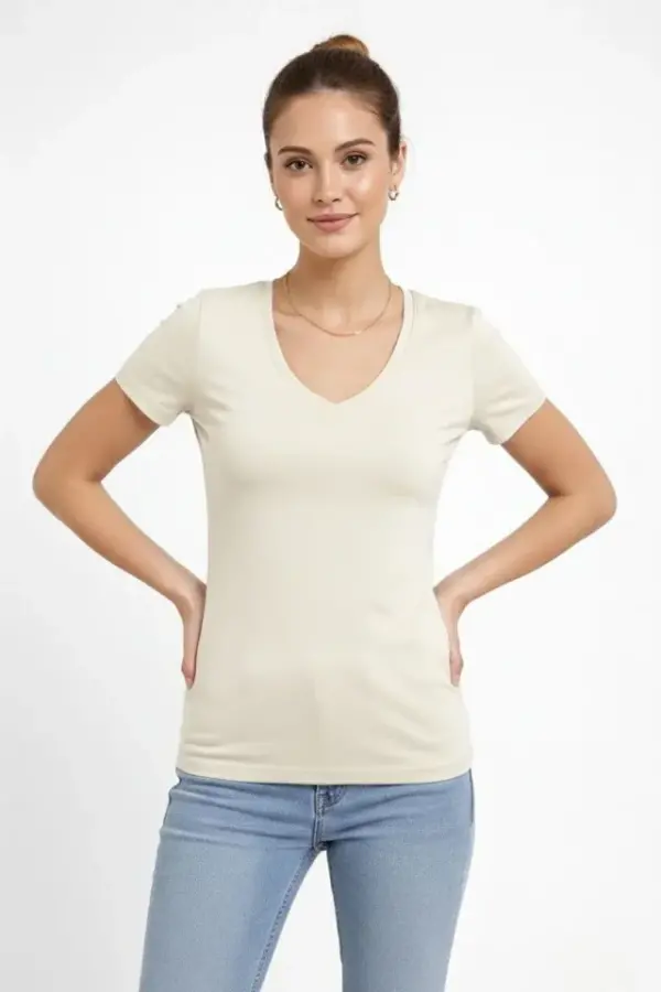 T-Shirt V Yaka Slim Fit Likralı Tişört Günlük Basic Body - Taş - 1