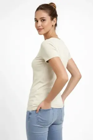 T-Shirt V Yaka Slim Fit Likralı Tişört Günlük Basic Body - Taş - 2