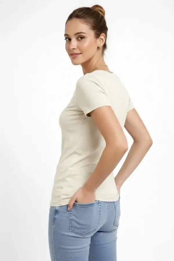 T-Shirt V Yaka Slim Fit Likralı Tişört Günlük Basic Body - Taş - 2