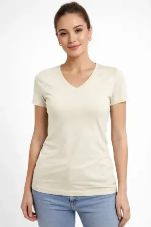 T-Shirt V Yaka Slim Fit Likralı Tişört Günlük Basic Body - Taş - 4