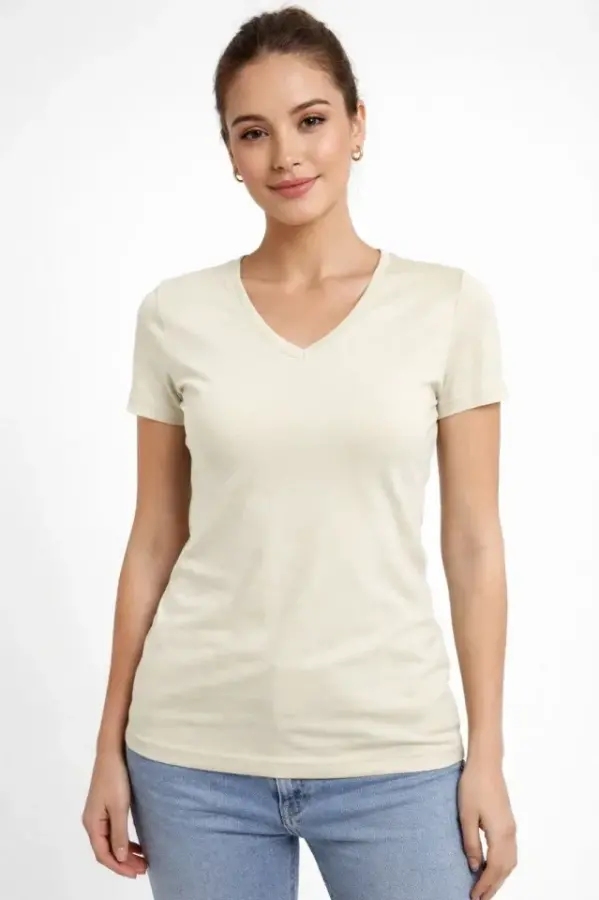 T-Shirt V Yaka Slim Fit Likralı Tişört Günlük Basic Body - Taş - 4