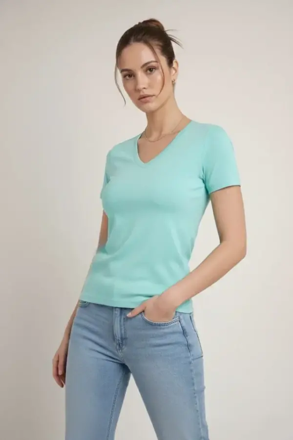 T-Shirt V Yaka Slim Fit Likralı Tişört Günlük Basic Body - Turkuvaz - 1