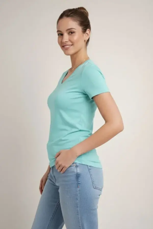 T-Shirt V Yaka Slim Fit Likralı Tişört Günlük Basic Body - Turkuvaz - 3