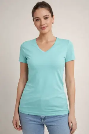 T-Shirt V Yaka Slim Fit Likralı Tişört Günlük Basic Body - Turkuvaz - 4