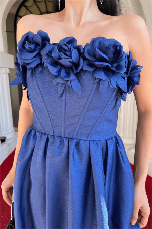 Tafta Kumaş Gül Balen Detaylı Abiye Elbise - SAKS MAVİ - 4