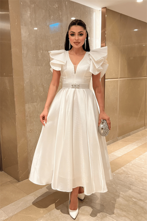 Tafta Kumaş Omuz Volanlı Midi Boy Elbise - BEYAZ - EİPOM